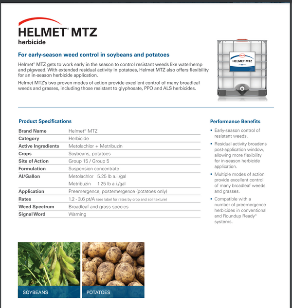 Helmet MTZ residual herbicide - metolachlor & metribuzin for soybean food plots