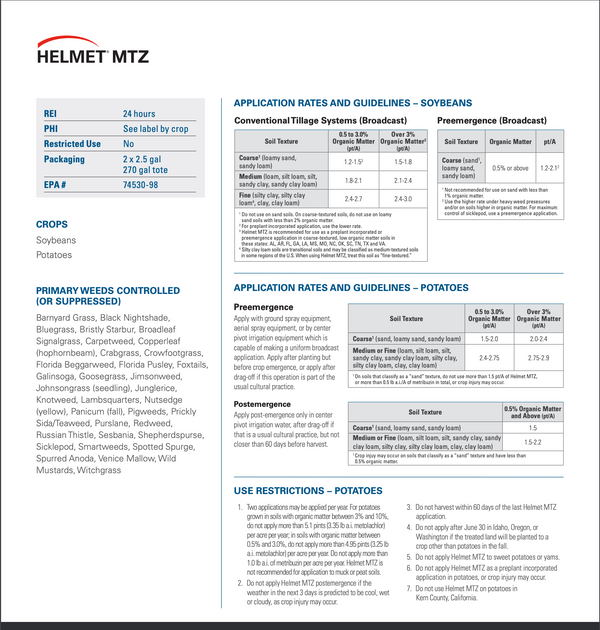 Helmet MTZ residual herbicide - metolachlor & metribuzin for soybean food plots